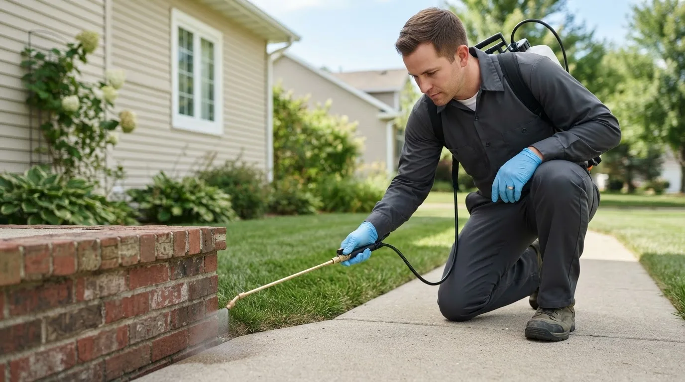 Pest control technician treating a home near New Castle, AL